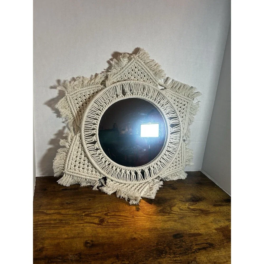 Boho Macrame Wall Mirror Round Fringe Woven Cotton Decor 20” Handmade Chic Home